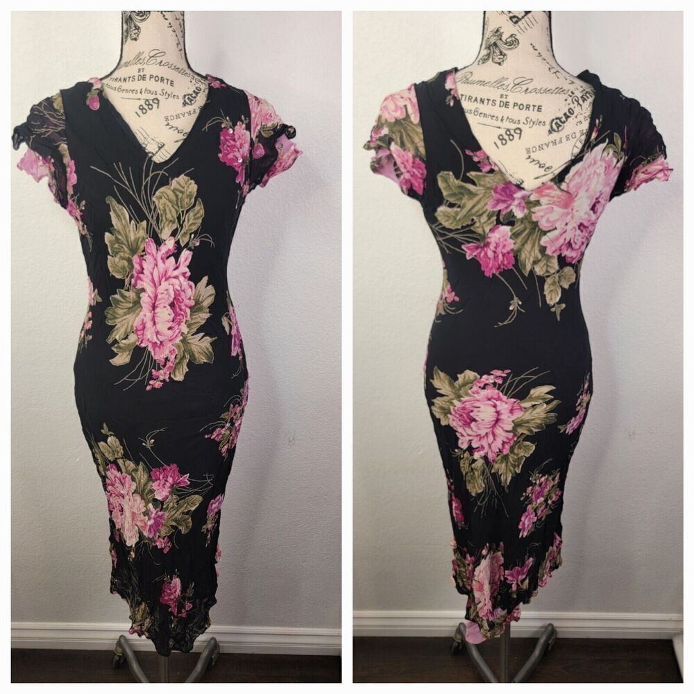 Lola P Dress Midi Dress M Peasant Black Floral Asymmetric 90s Whimsygoth Fairy